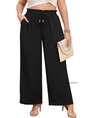 Plus Size Wide Leg Palazzo Pants High Waisted Drawstring Lounge Trousers Pockets